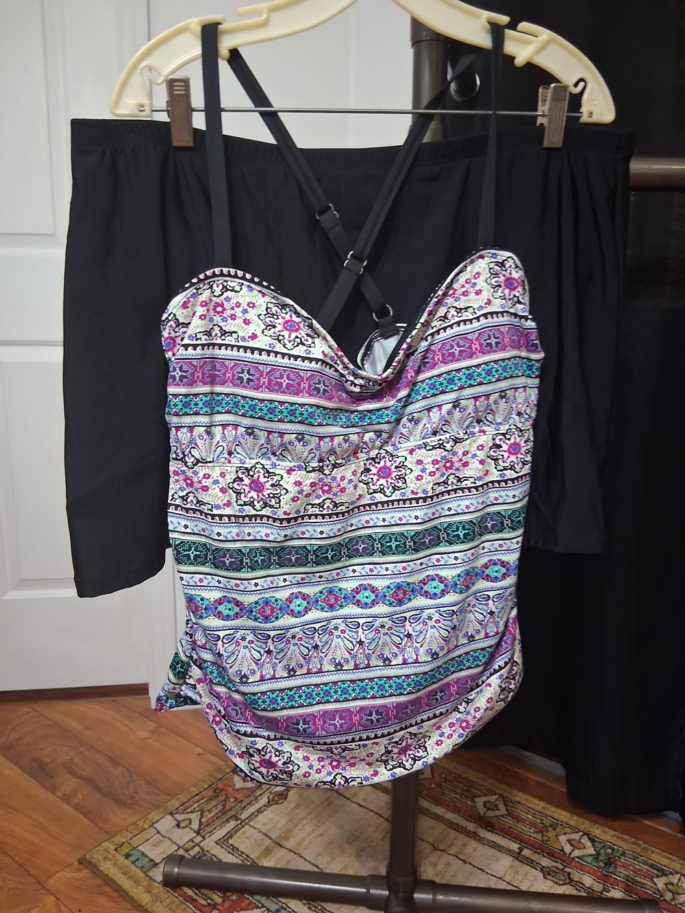 Patterned Strappy Tankini Top in Purple Teal Floral